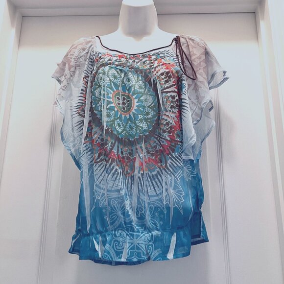 Bongo-Women's Sheer Short Flowy Sleeves Top-Necklace Built in-Med-Blue Boho - Picture 1 of 16